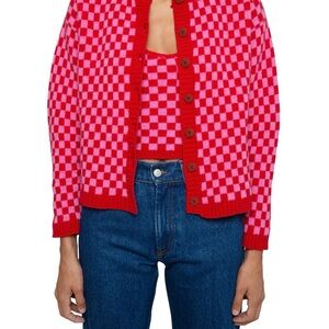 Gimaguas Red and Pink Checkered Ultra fine Wool Women's Sweater